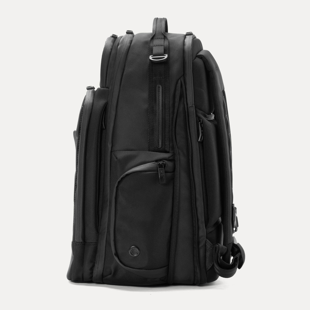 Side view of black backpack on a white background