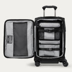 Open suitcase with interior organization panels on a white background
