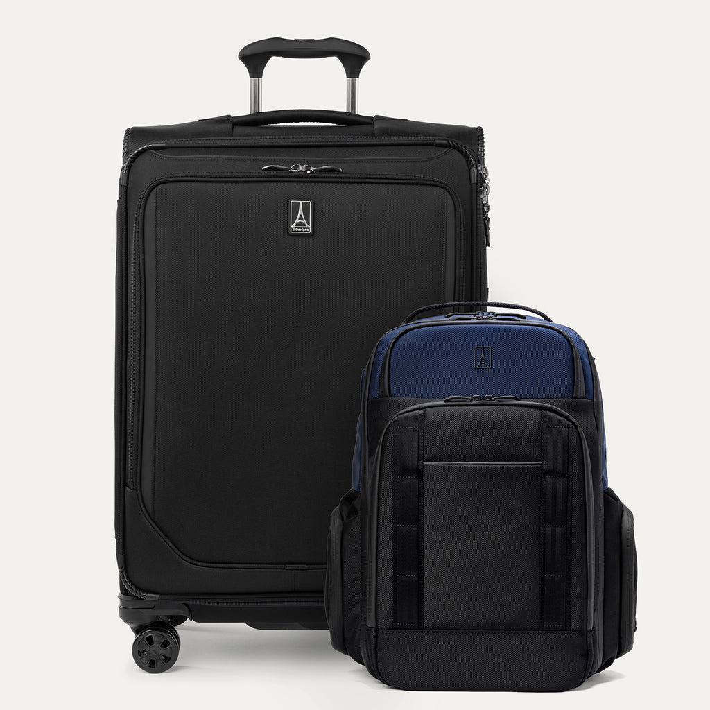 A set of two pieces of luggage, a large black spinner suitcase and a aviator navy backpack, both with the Travelpro brand logo.