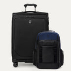 A set of two pieces of luggage, a large black spinner suitcase and a aviator navy backpack, both with the Travelpro brand logo.