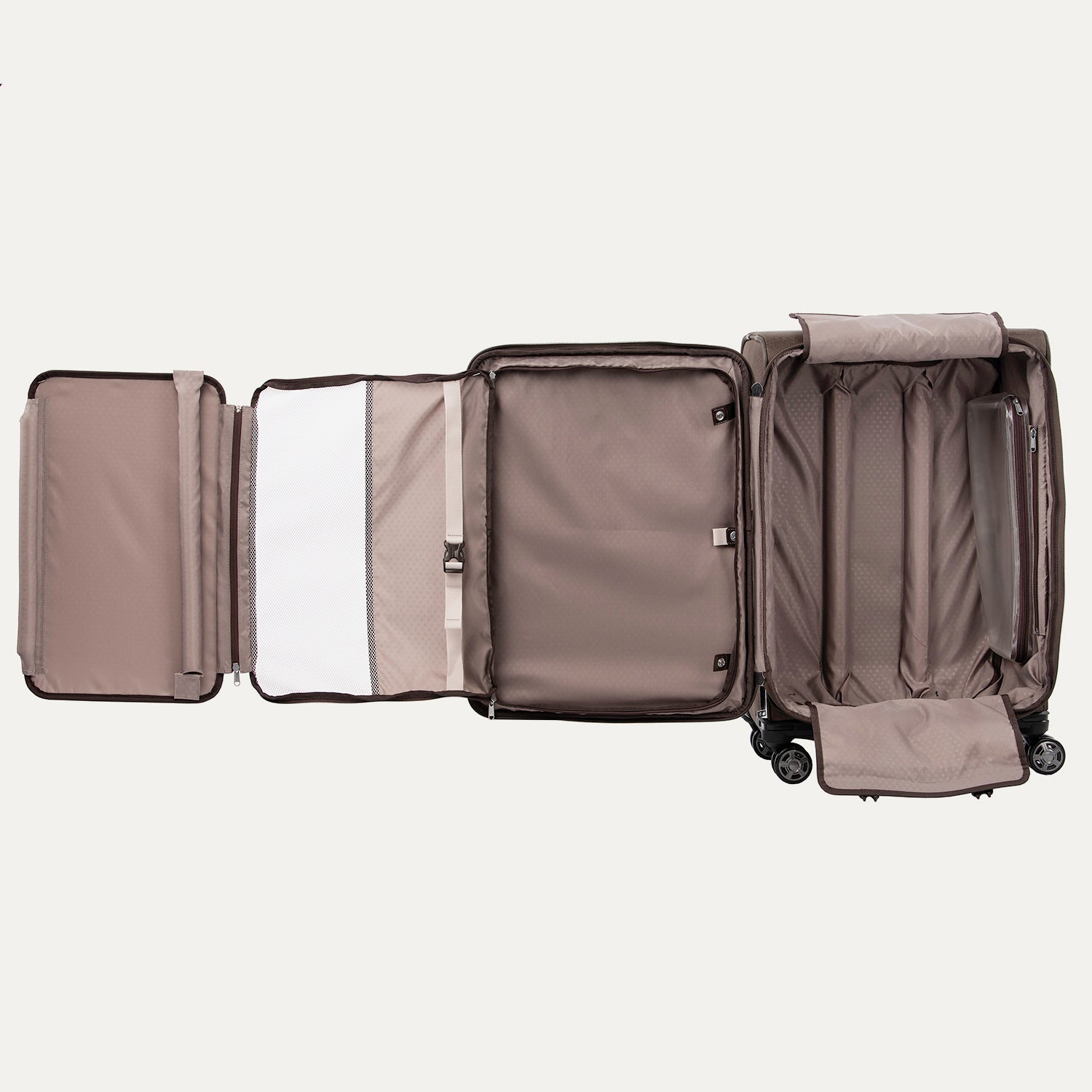 Open suitcase with compartments on a white background