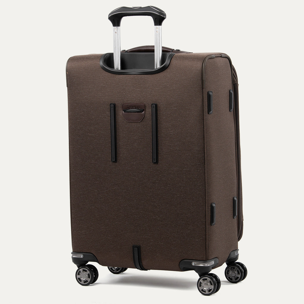 Brown suitcase with wheels on a white background