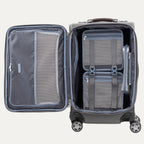Open gray suitcase with interior organization panels on a white background