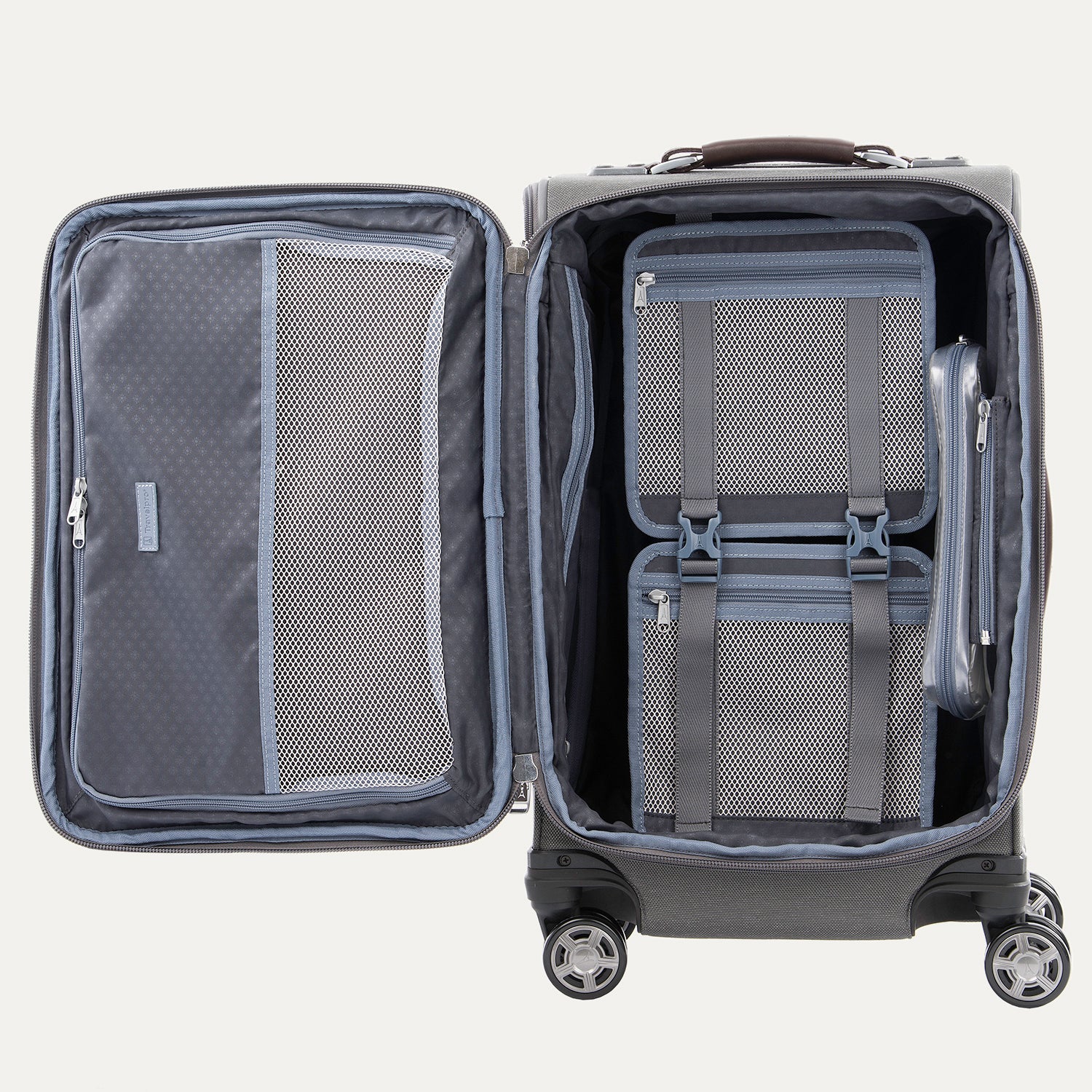Open gray suitcase with interior organization panels on a white background