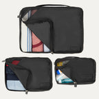 3 black travel packing cubes with clothes and toiletries on a white background