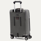 Gray suitcase with handle and wheels on a white background