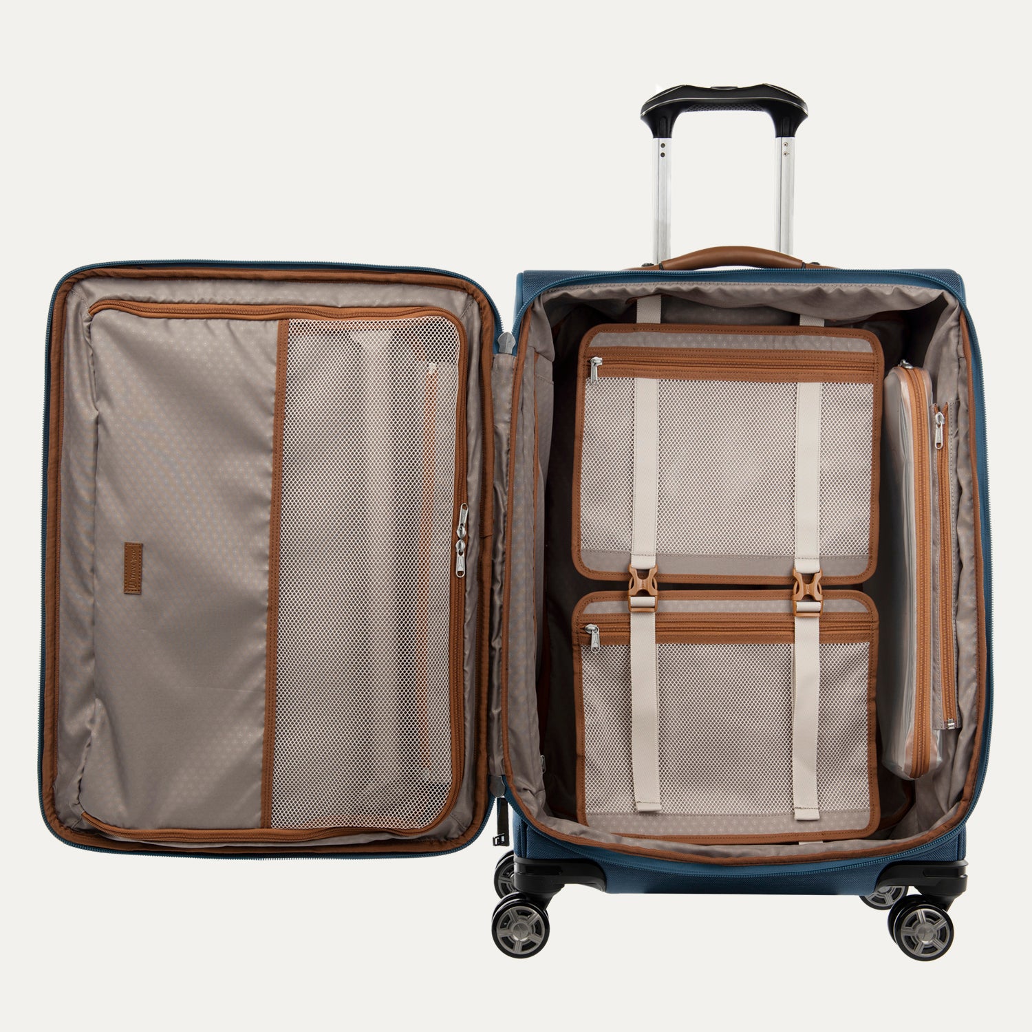 Open spinner suitcases in blue , showing the interior compartments on a white background