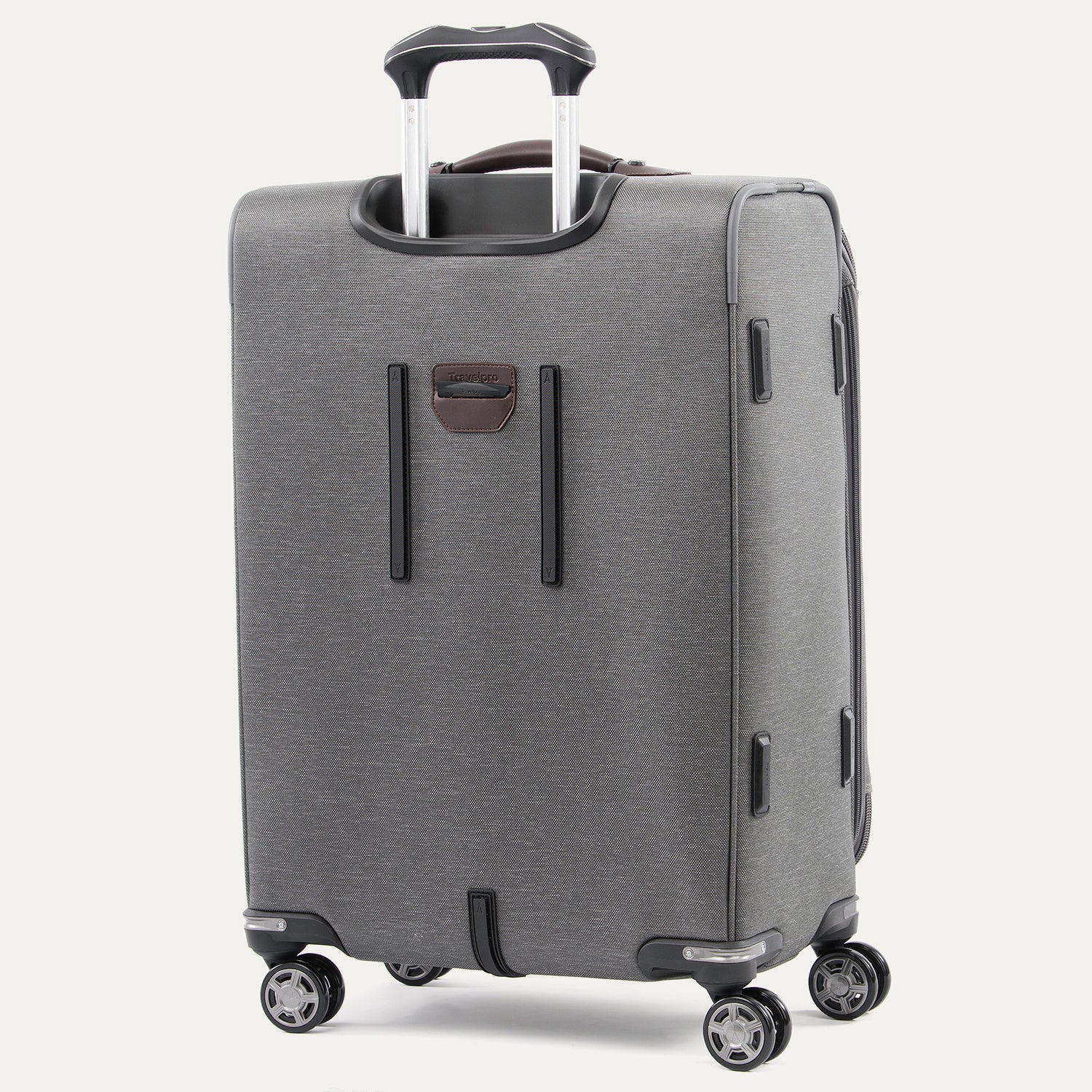 Gray suitcase with wheels on a white background