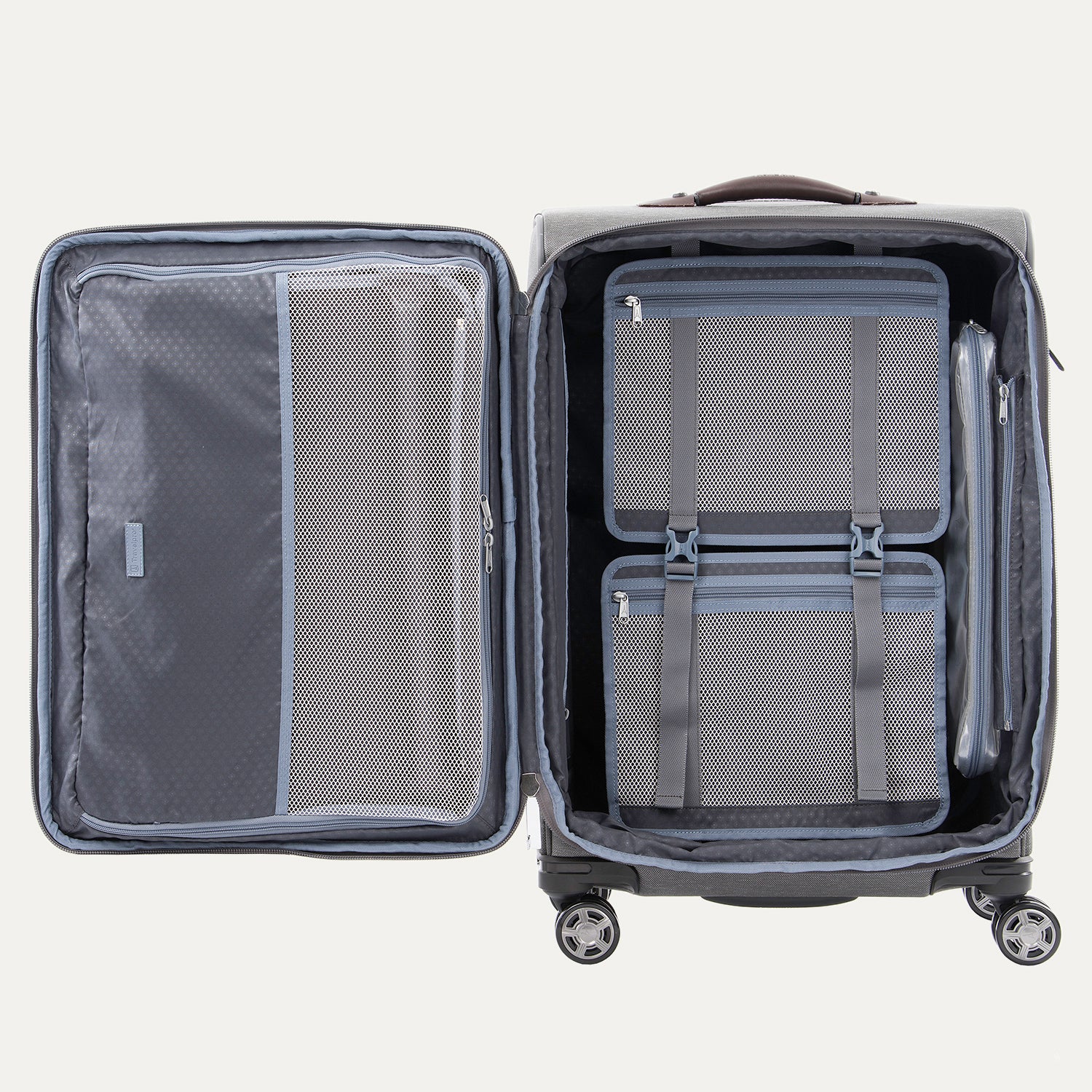 Open grey suitcases with built-in organization pockets and adjustable straps.