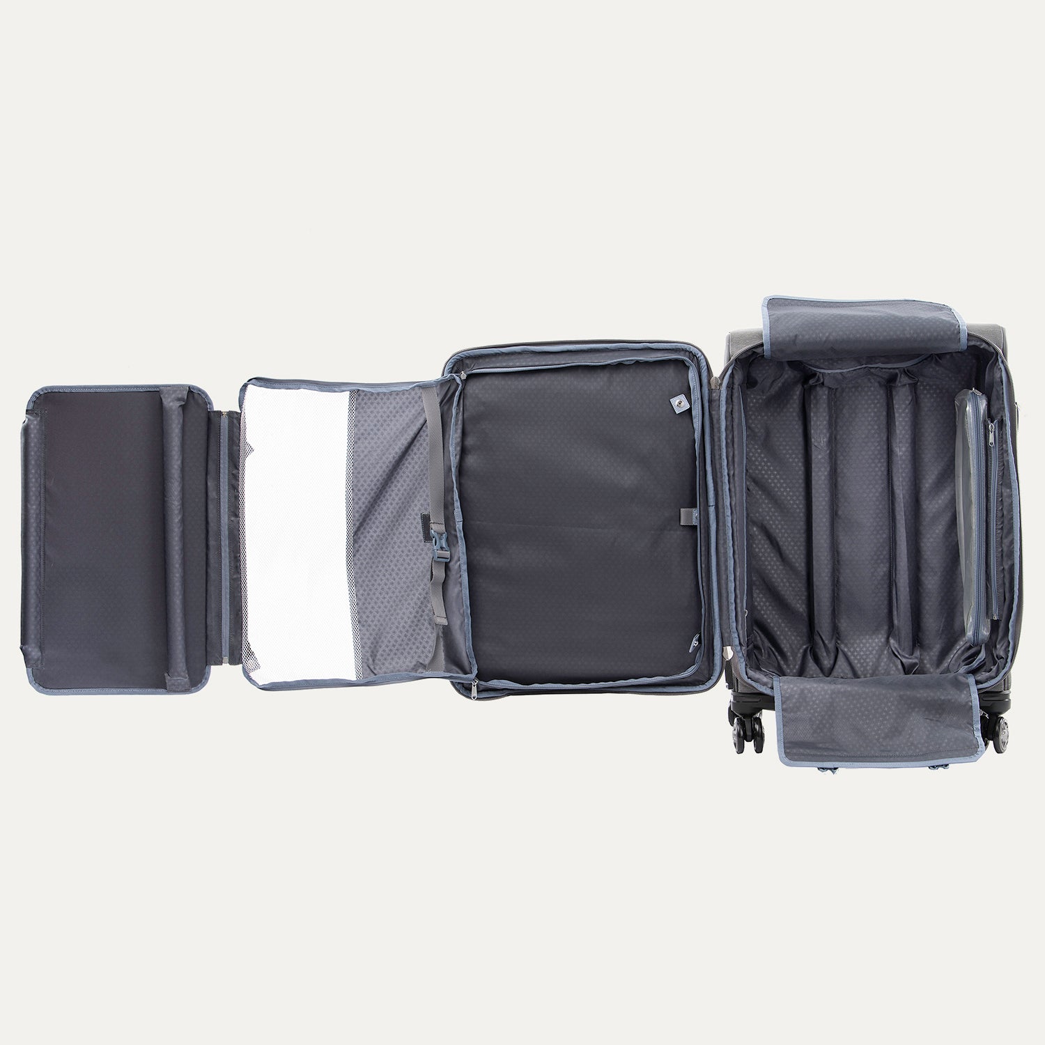 Open suitcase with compartments on a plain background