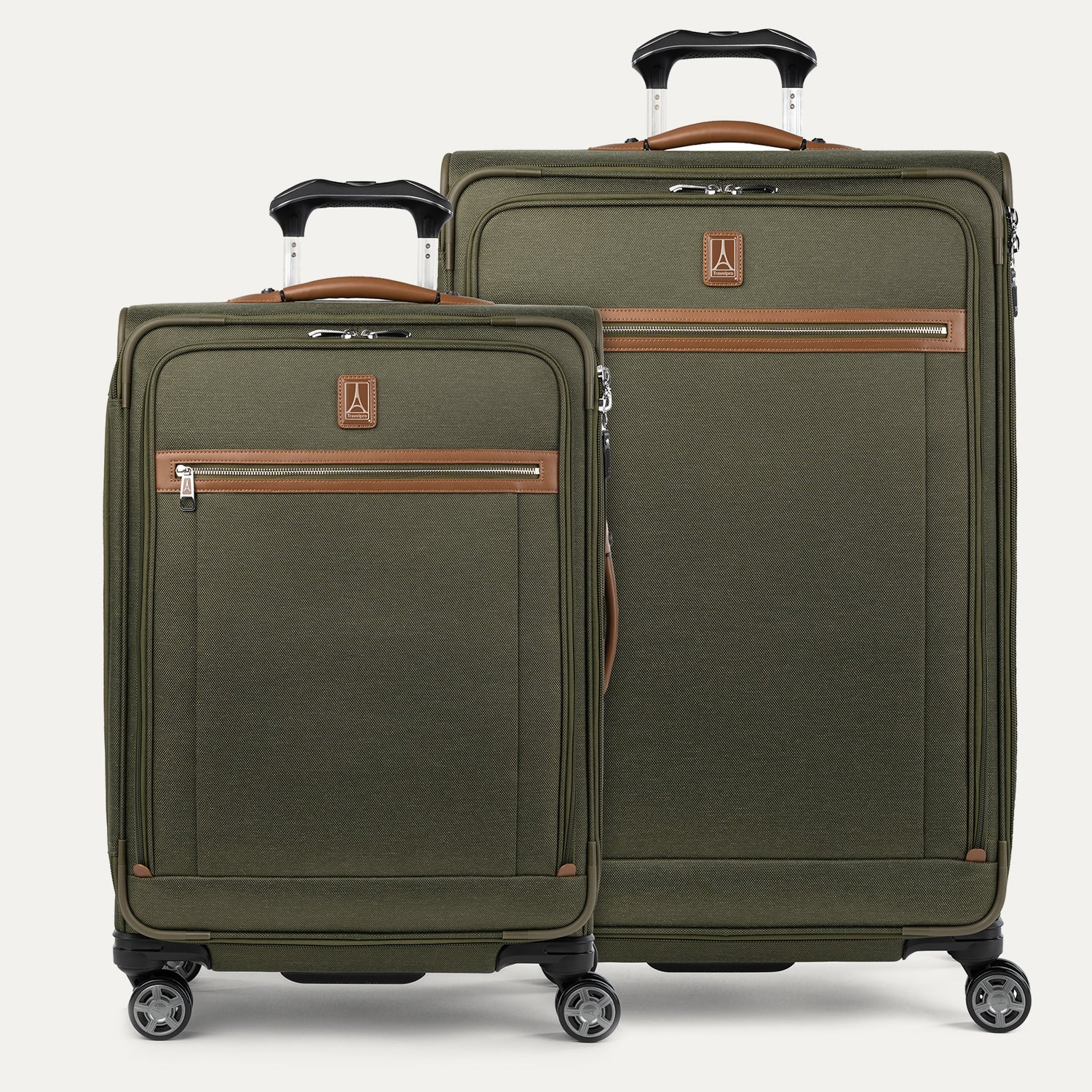 Two olive green check-in suitcases with spinner wheels and brown accents, including handles and trim. One larger and one smaller suitcase, both standing upright.