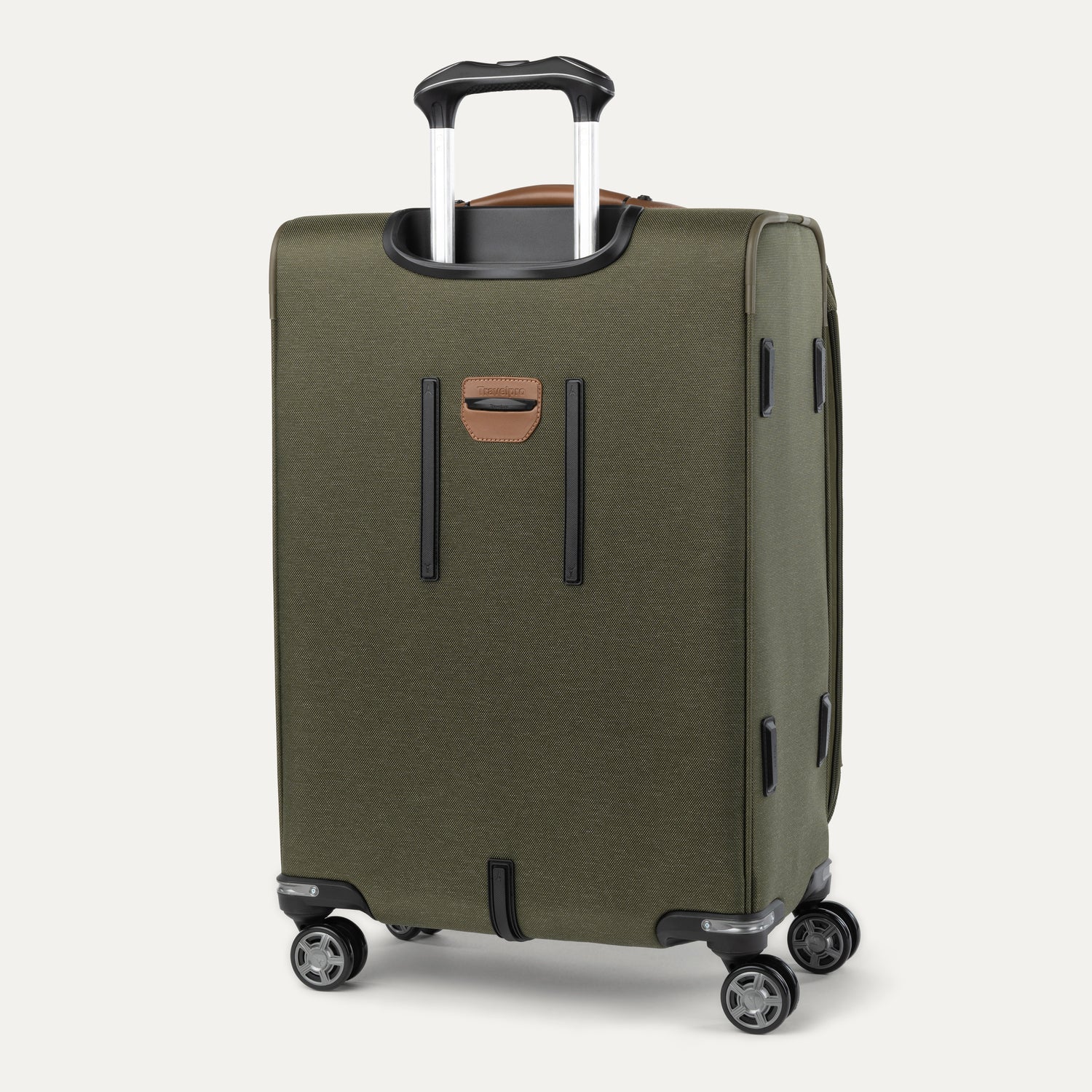 Green suitcase with wheels on a white background