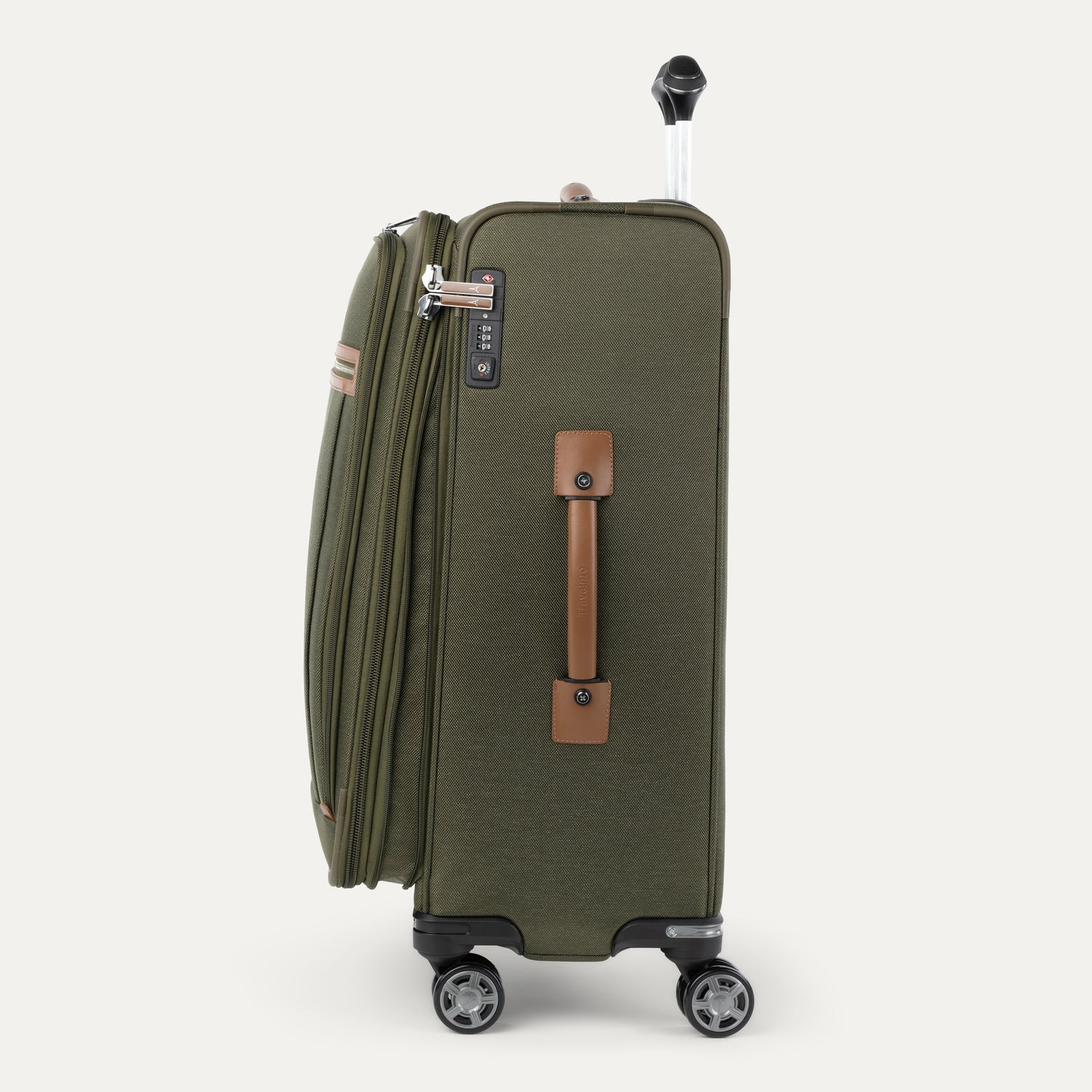 Green suitcase with brown handle on a white background