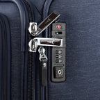 Close-up of suitcase zipper and lock mechanism.