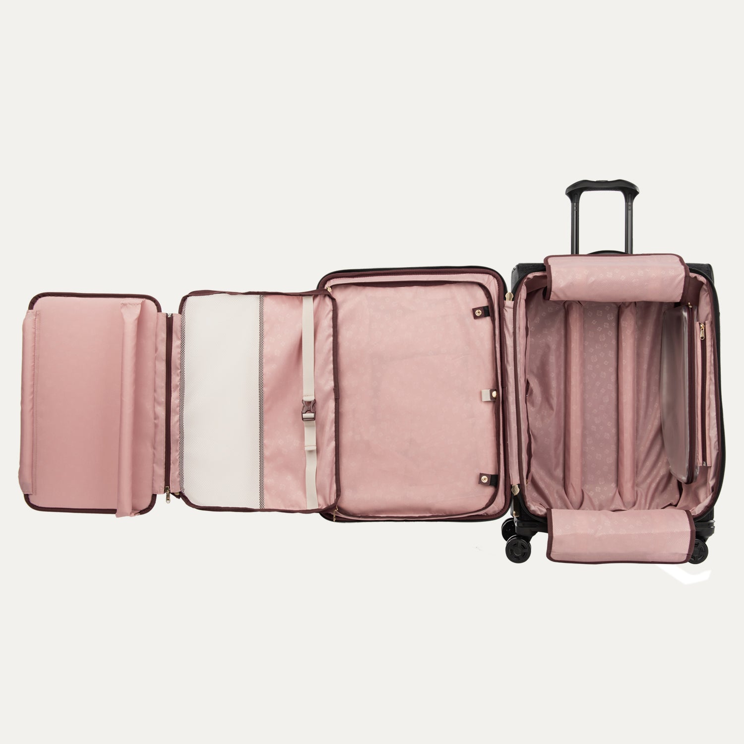 Pink suitcase with suiter compartment open on a white background