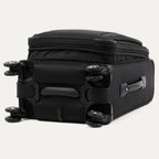 Rear-view of the Platinum Elite Carry-On Spinner in Shadow Black, showcasing the durable multi-directional spinner wheels and the sturdy base handle.