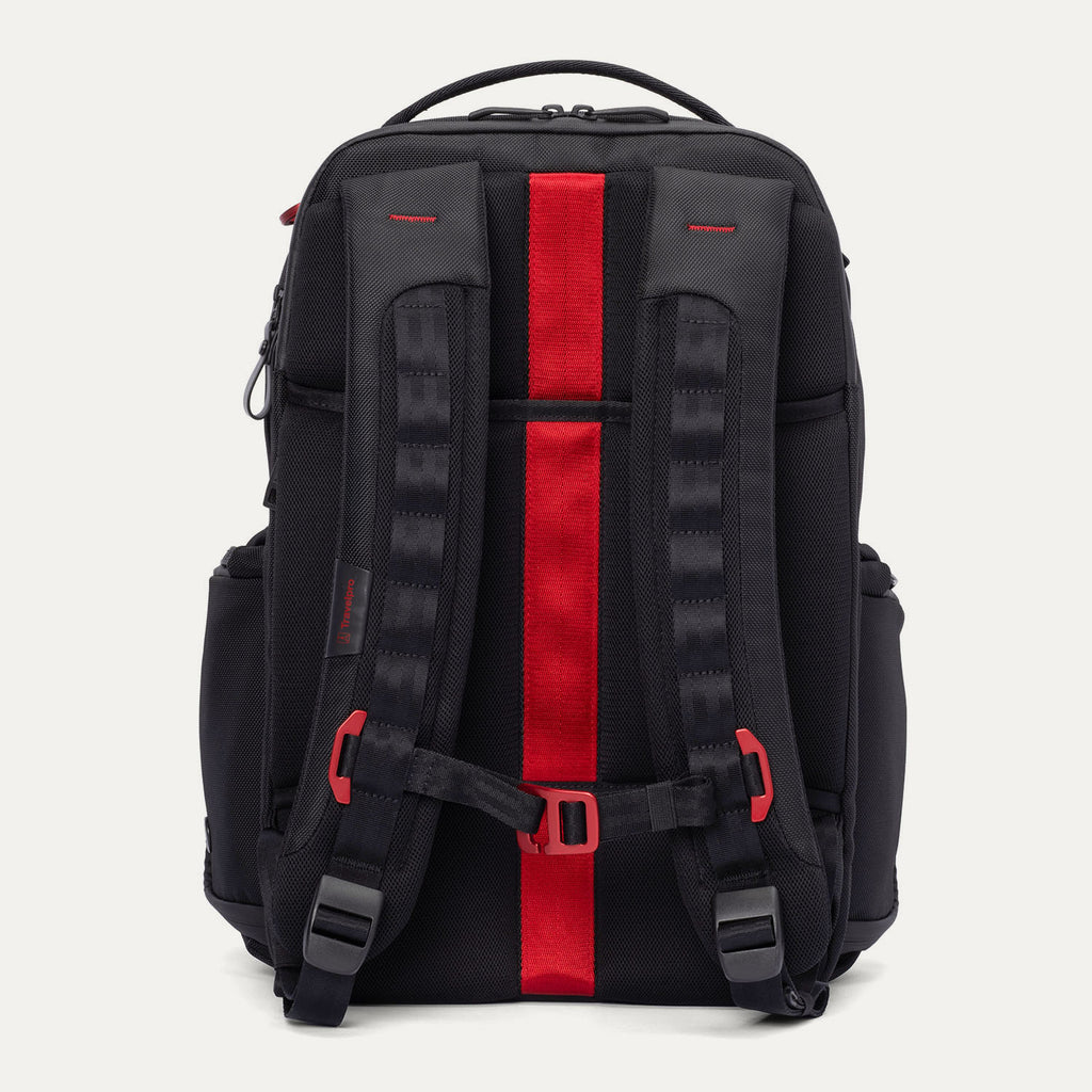 Rear view of the Travelpro Altitude Large Backpack in Crimson Shadow, showcasing the ergonomic padded shoulder straps, breathable airflow back panel, and integrated vertical luggage attachment strap for secure stacking.
