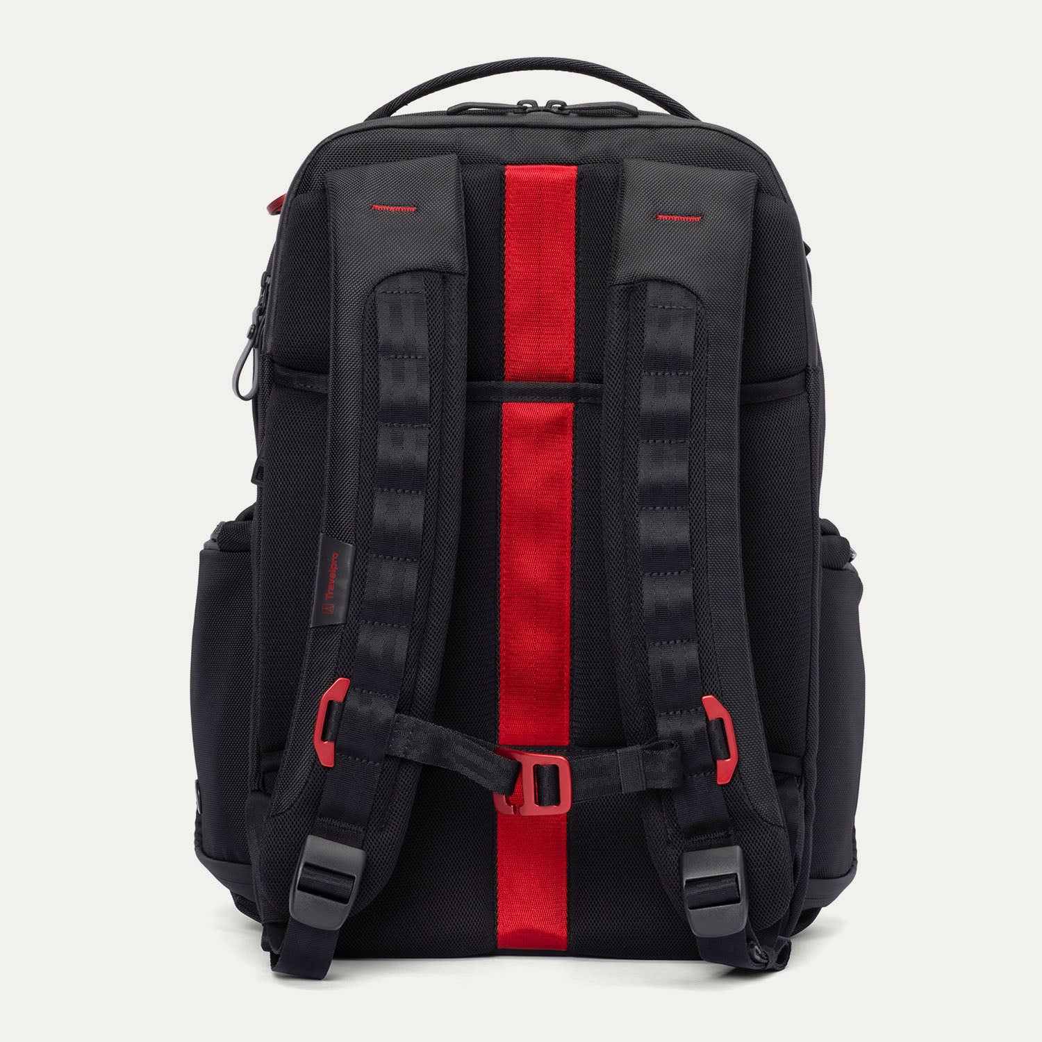 Rear view of the Travelpro Altitude Large Backpack in Crimson Shadow, showcasing the ergonomic padded shoulder straps, breathable airflow back panel, and integrated vertical luggage attachment strap for secure stacking.