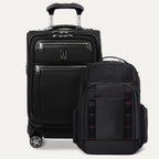Front view of the Platinum Elite Carry-On Spinner in Shadow Black paired with the Travelpro Altitude Large Backpack in Crimson Shadow, displayed together to highlight the coordinated two-piece travel set.