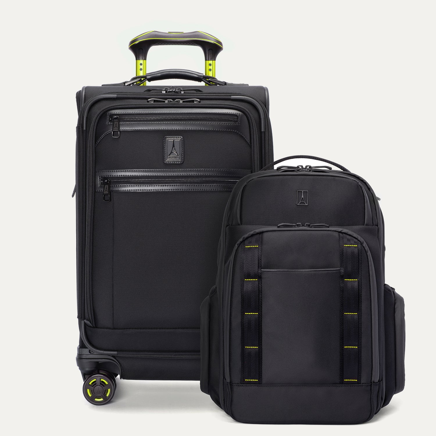 Front view of the Travelpro Platinum Elite Carry-On and Travelpro Altitude Large Backpack Set in Neon Shadow, showing black textured exteriors with neon yellow accents, telescoping handle, and front pocket detailing against a light background.