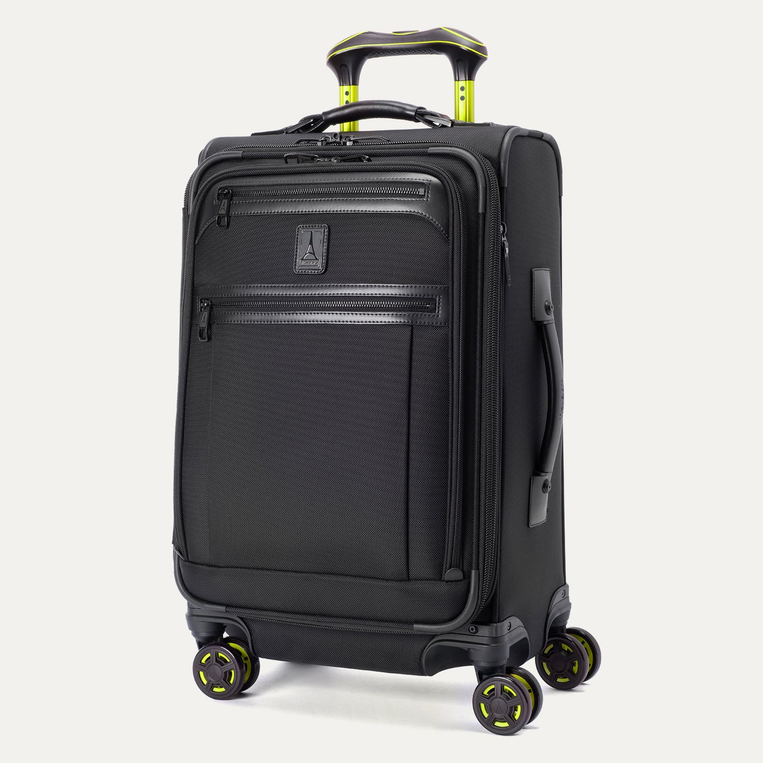 Front view of Travelpro Platinum Elite Carry-On Spinner in Vintage Gray, with contrast trim, dual zippered pockets, spinner wheels, and telescoping handle.