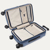 Open blue suitcase with beige interior on a white background