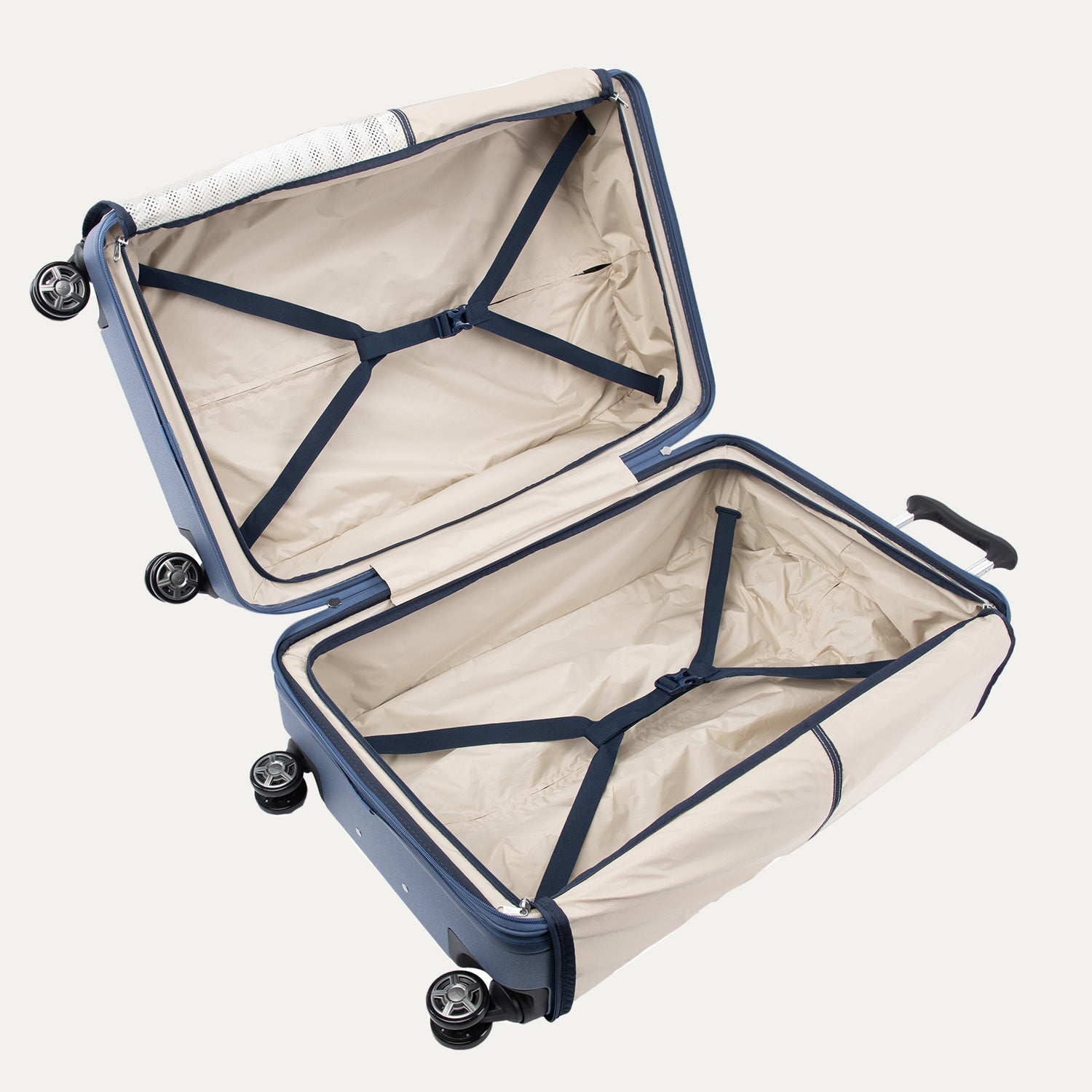 Open blue suitcase with beige interior on a white background