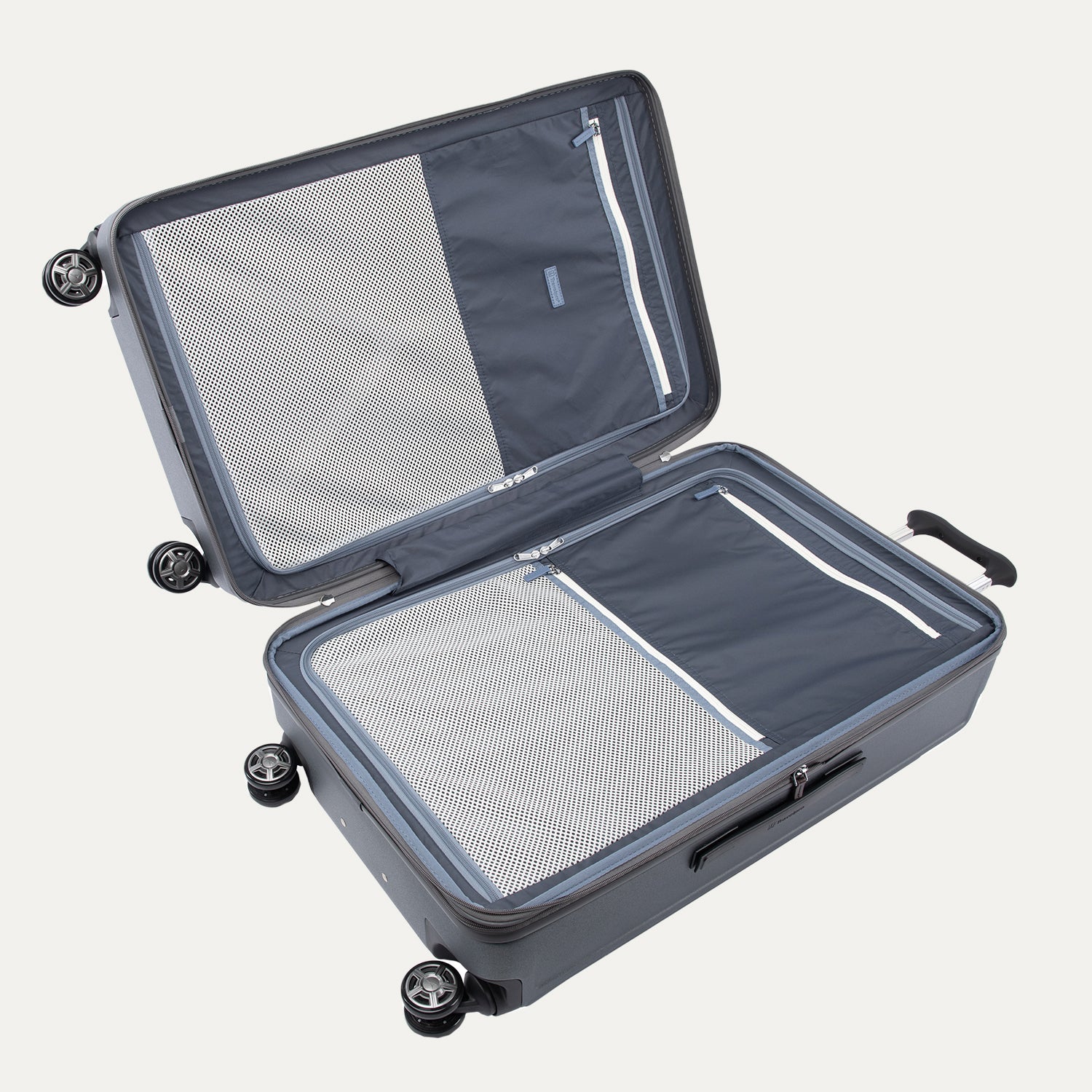 Open gray suitcase with black wheels on a white background