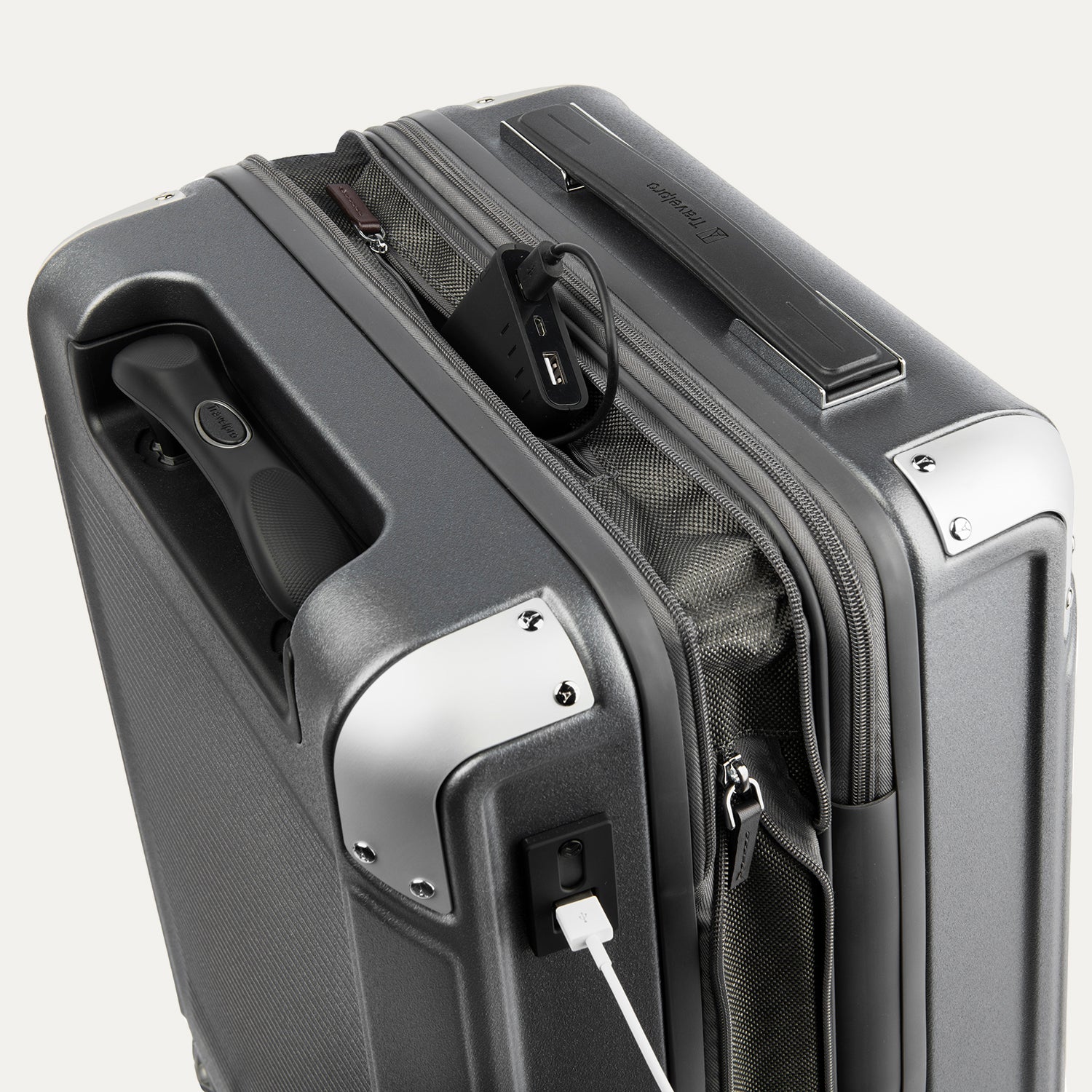 Gray suitcase with USB port and charging cable on a white background