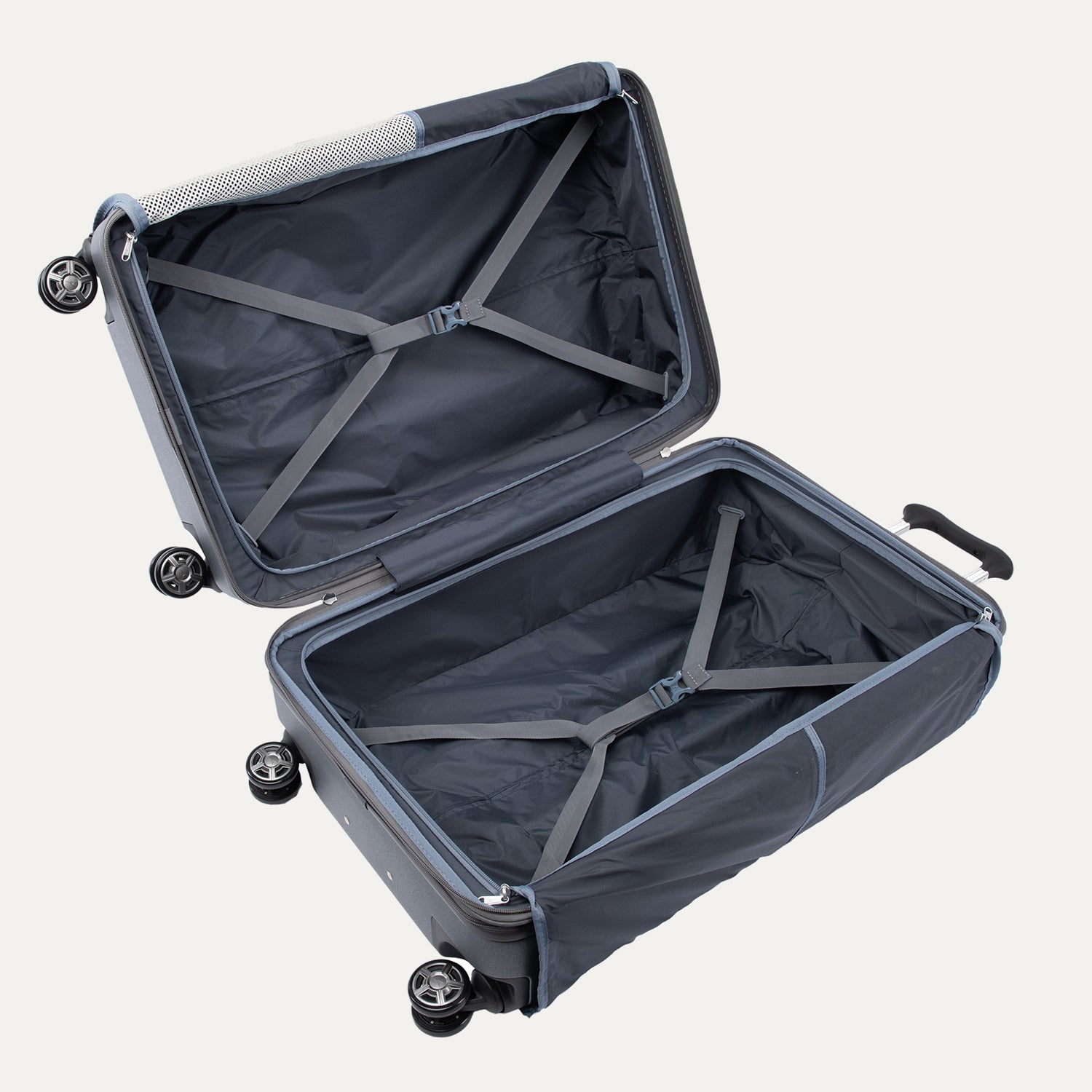 Open gray suitcase on a white background
