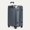 Gray suitcase with handle and wheels on a white background