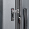 Close-up of a gray suitcase with a combination lock and Travelpro branding.