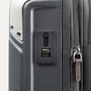 Close-up of Travelpro Platinum Elite Hardside Spinner in Vintage Grey, showing integrated USB A and C Charging Port with protective cover.