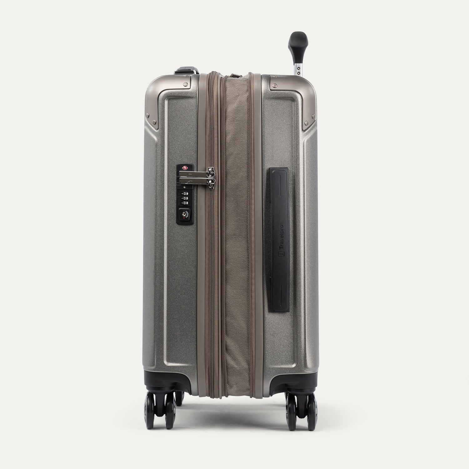 Side view of expanded metallic sand suitcase with combination lock on a white background