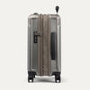 Side view of expanded metallic sand suitcase with combination lock on a white background