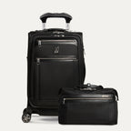 A black 2-piece luggage set with a 21-inch expandable carry-on spinner and an underseat tote, both with Travelpro Platinum branding and polished chrome zippers.
