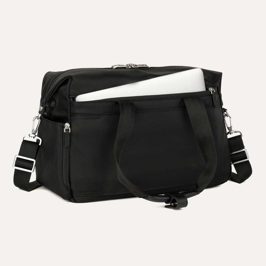 Black tote with a laptop in the padded sleeve compartment on a white background 