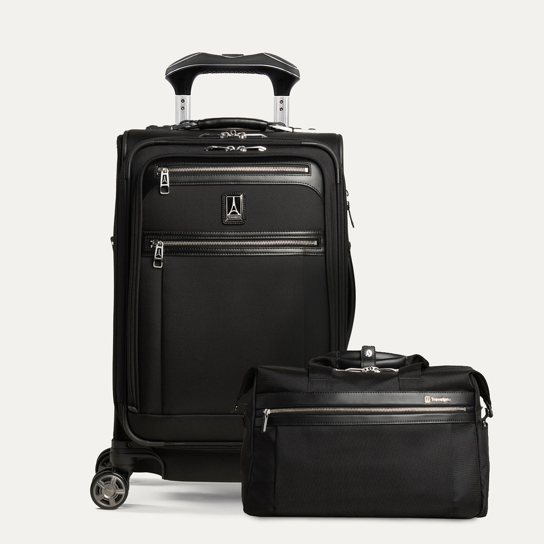 A black 2-piece luggage set with a 21-inch expandable carry-on spinner and an underseat tote, both with Travelpro Platinum branding and polished chrome zippers.