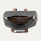 Open vintage grey tote on a white background
