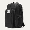Black backpack with a pocket holding a phone on a white background