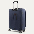 The back of a blue suitcase with wheels and a handle on a light gray background