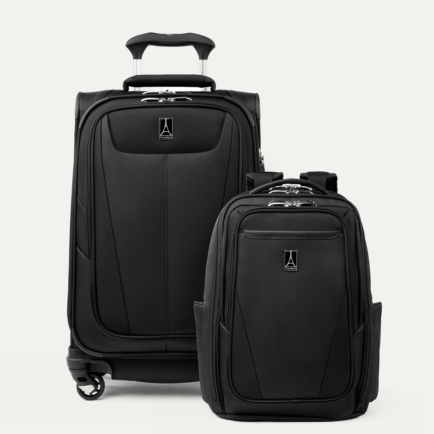 A set of black Maxlite travel luggage, including a carry-on spinner suitcase and a laptop backpack.