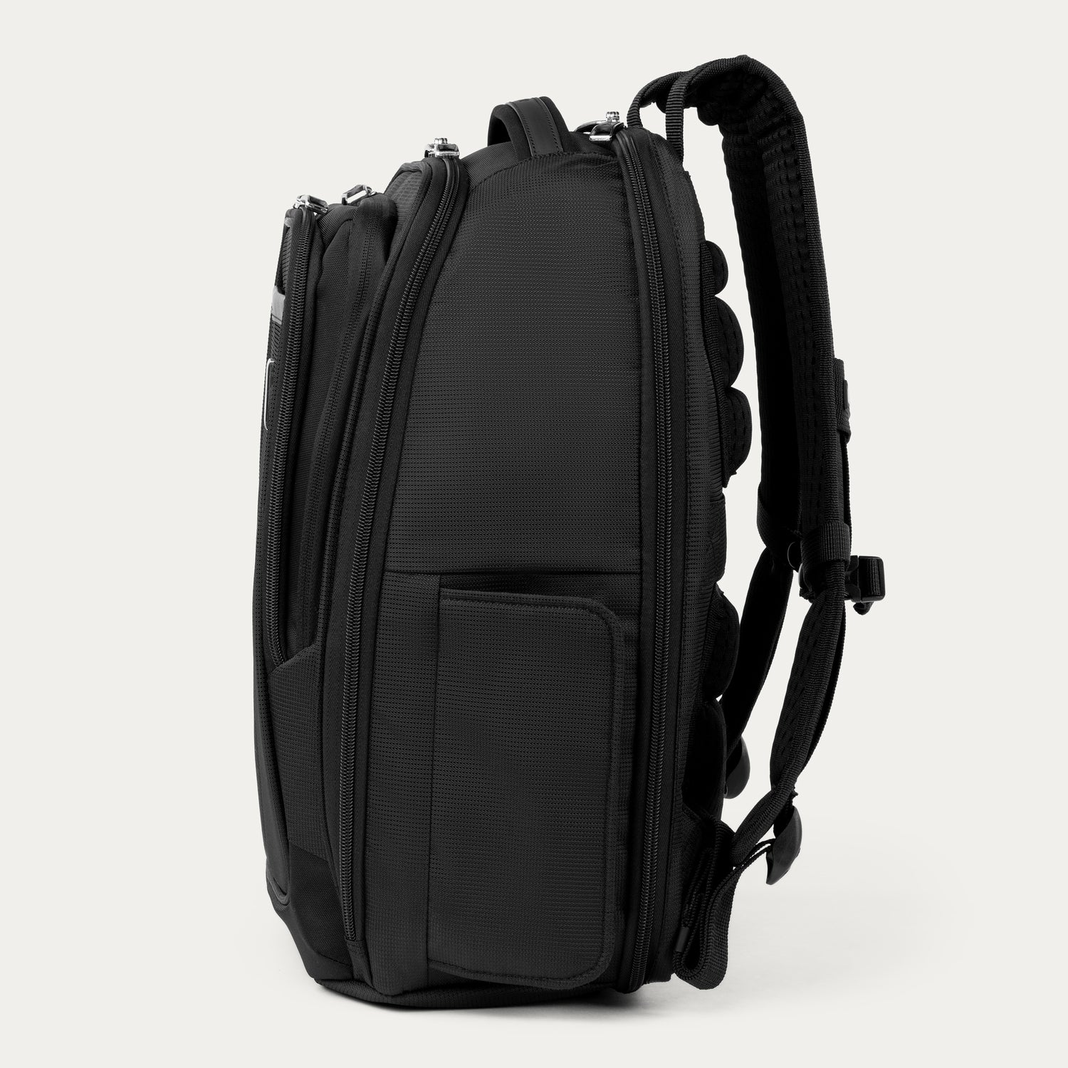 Side view of black backpack on a white background