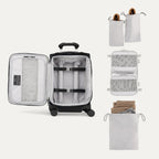 interior of black carry on suitcase with packing organizer and shoe bags