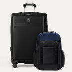 A set of two pieces of luggage, a larger check-in spinner suitcase in black and a  expandable laptop backpack in aviator navy
