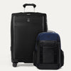 A set of two pieces of luggage, a larger check-in spinner suitcase in black and a  expandable laptop backpack in aviator navy
