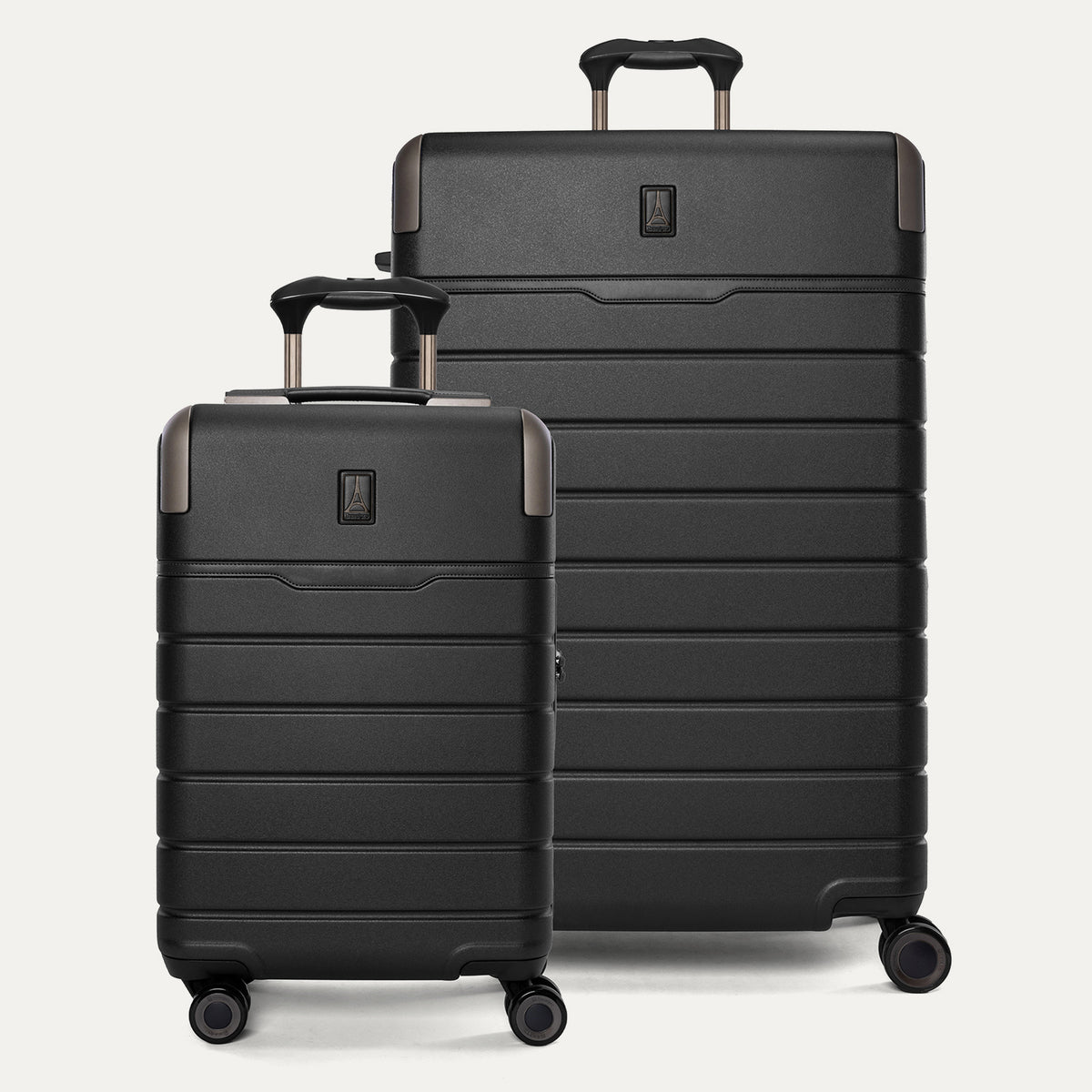 Travelpro Platinum Reserve Compact Carry-On / Large Check-In Hardside Set in Black Dust, both pieces shown together