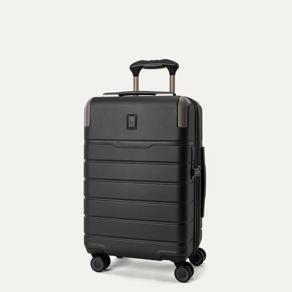 Three-quarter front view of the Compact Carry-On from the Travelpro Platinum Reserve Compact Carry-On / Medium Check-In Hardside Set in Black Dust