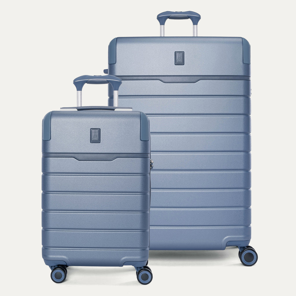 Travelpro Platinum Reserve Compact Carry-On / Large Check-In Hardside Set in Steel Blue, both pieces shown together