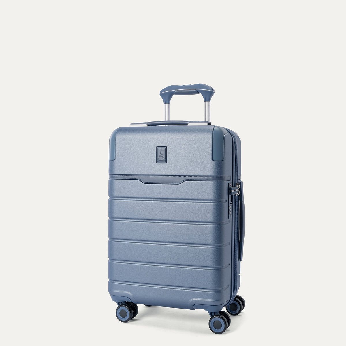 Three-quarter front view of the Compact Carry-On from the Travelpro Platinum Reserve Compact Carry-On / Medium Check-In Hardside Set in Steel Blue